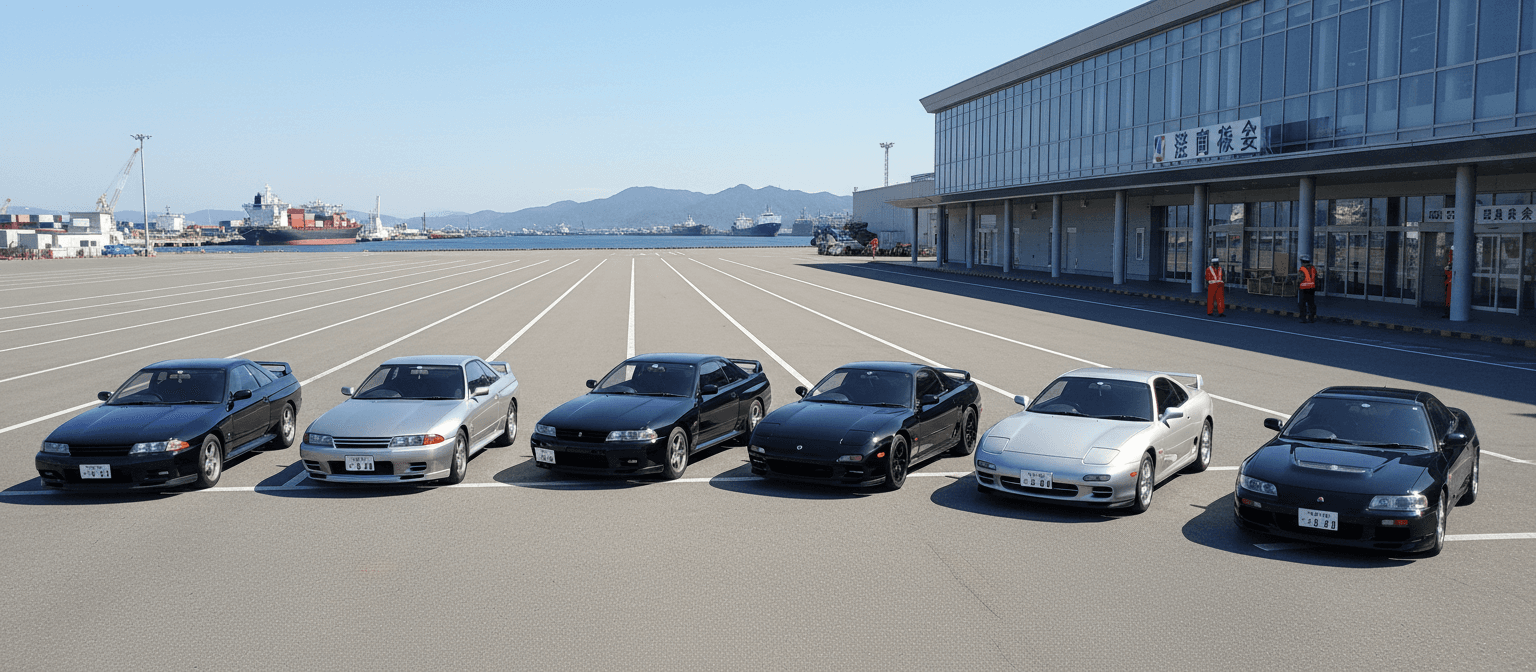 Vehicles lined up at a Japanese auction yard