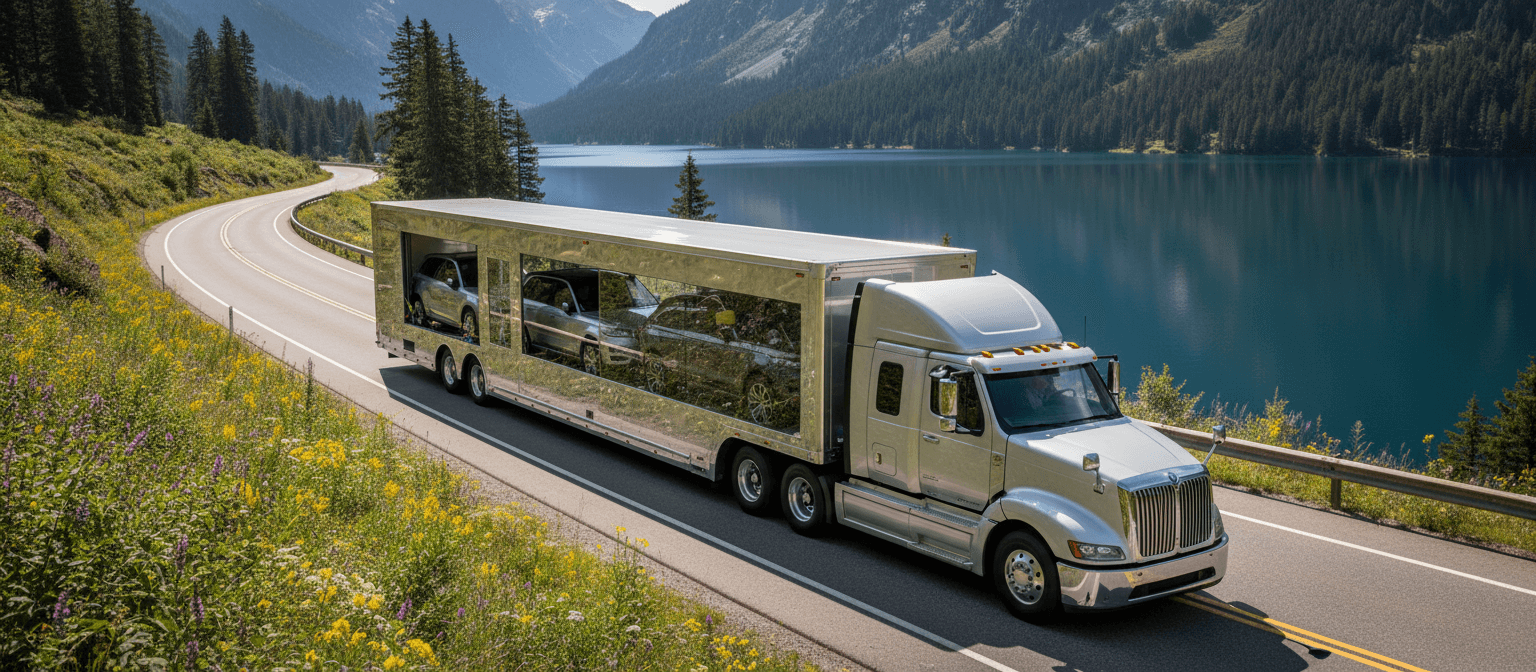 Car carrier truck on an inland route after port clearance