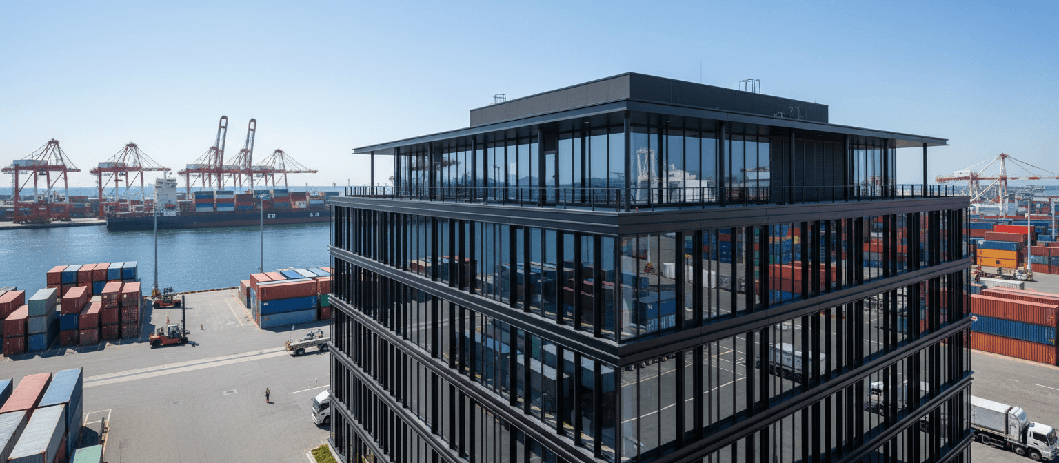 Port and export facilities overlooking container yards in Japan