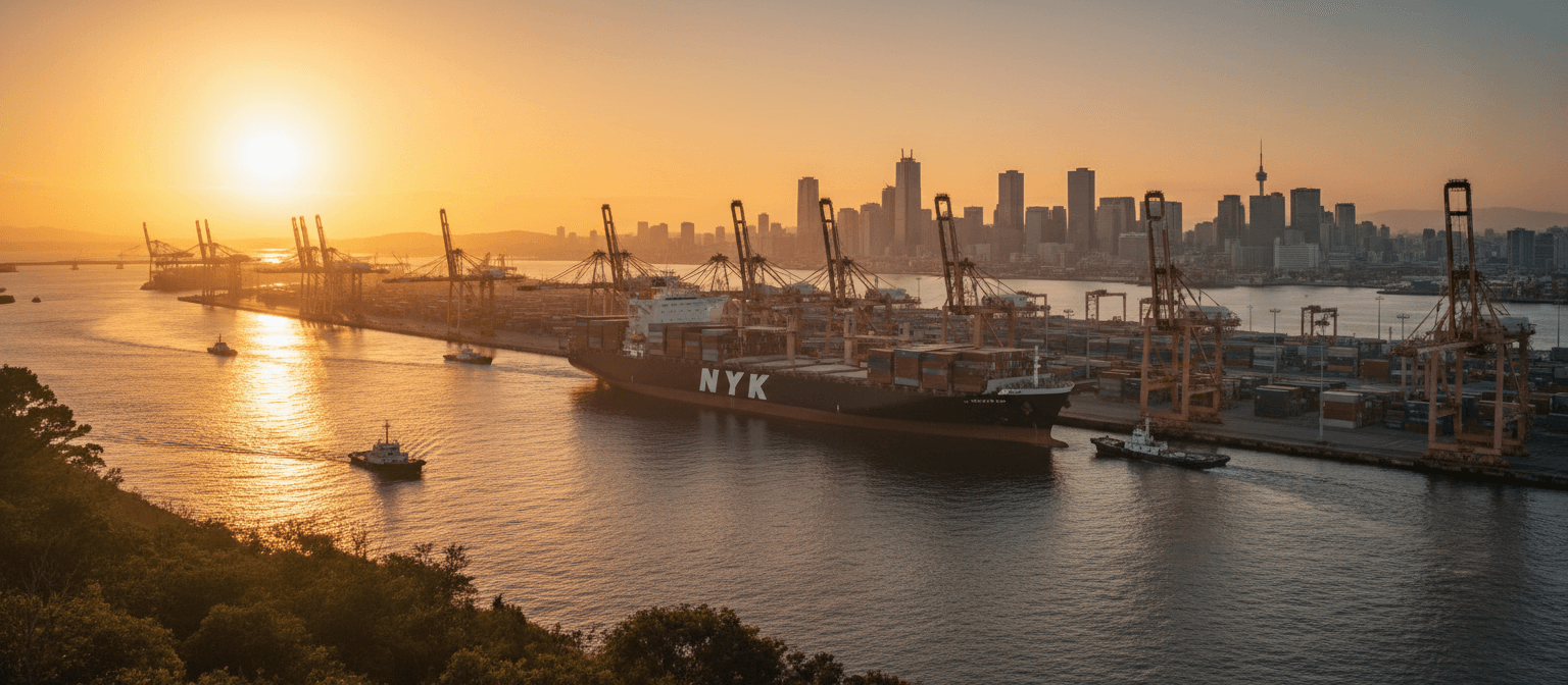Cargo ship and cranes at a Japanese export port at sunset