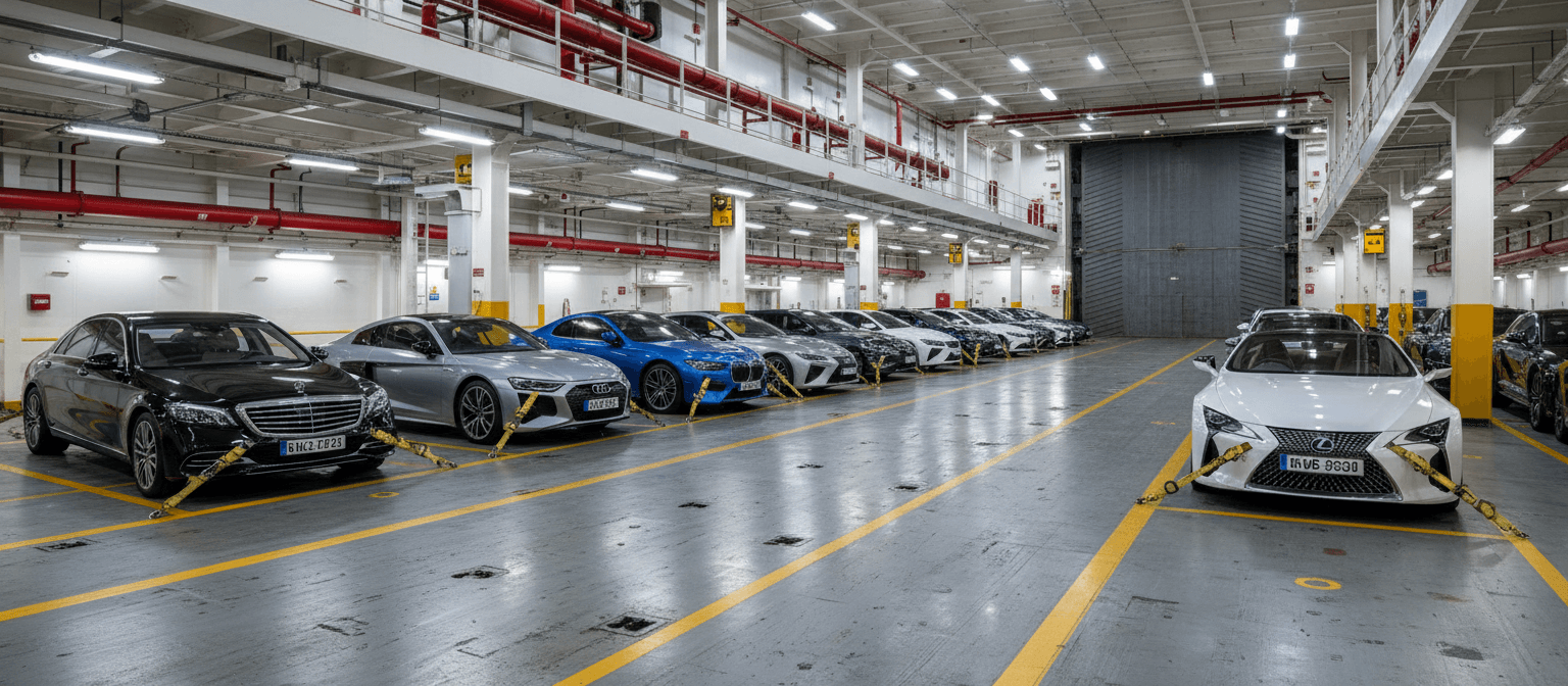 Luxury vehicles secured on a RoRo carrier deck