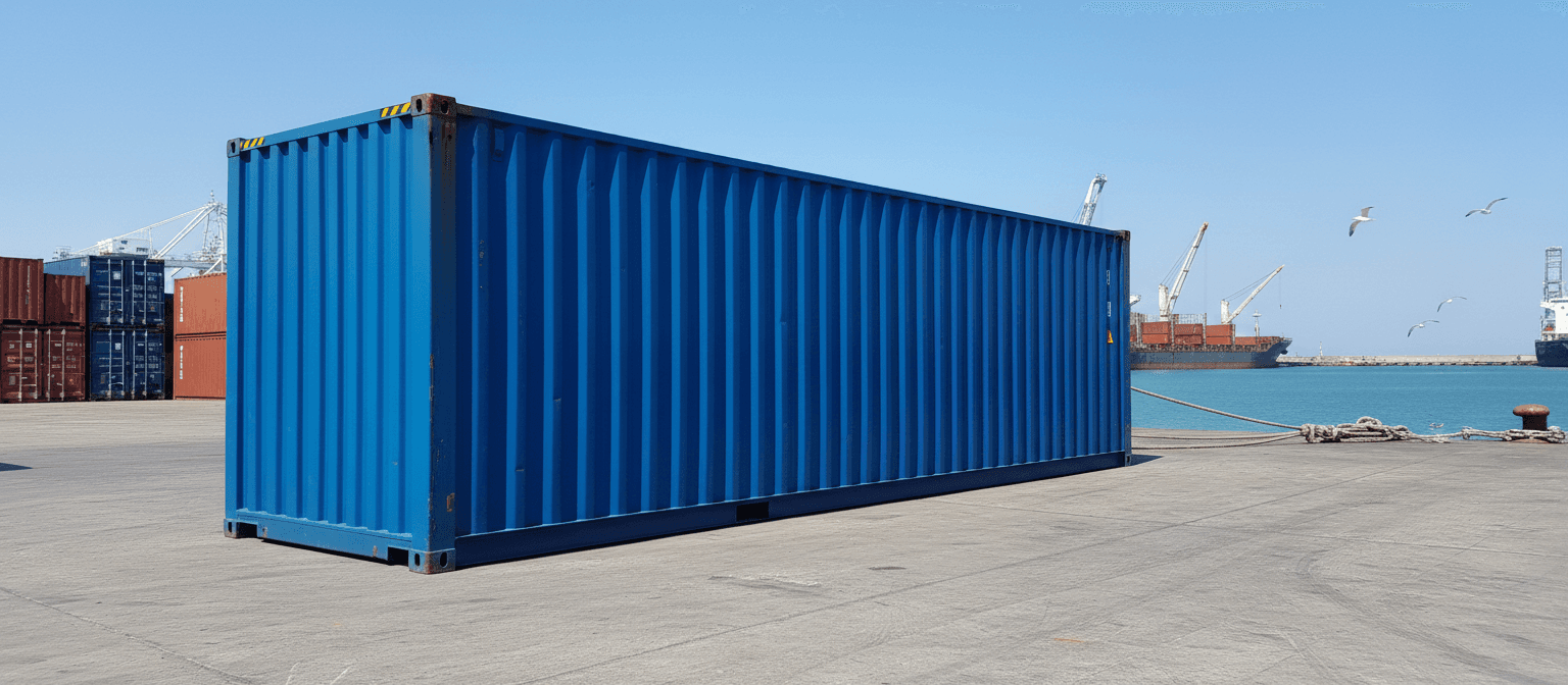 Blue shipping container on a port dock