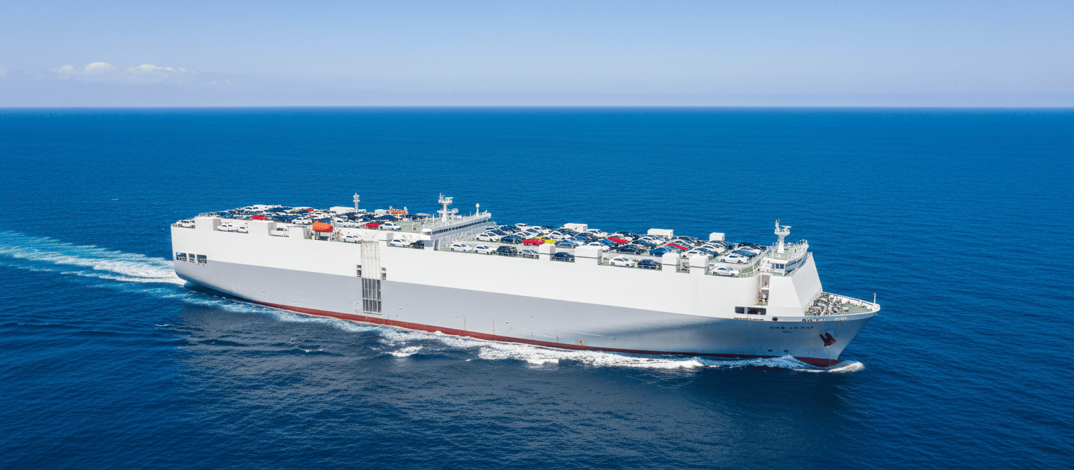 White RoRo vehicle carrier ship sailing with cars loaded on deck